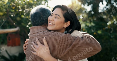 Preview: Woman, nature or senior father hug for bonding, support or love in backyard of a family house. Old