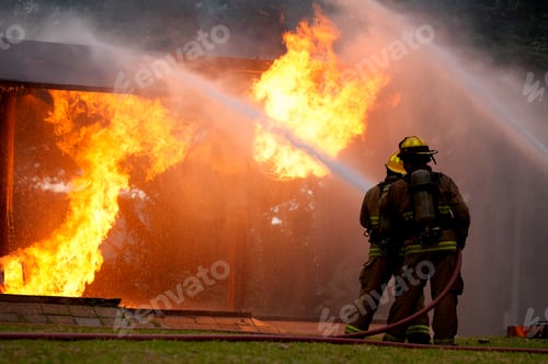 Preview: Firefighters battle intense flames during a rescue operation in an outdoor setting