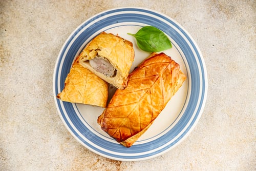 Preview: Meat pie quiche French snack fresh delicious gourmet food background on the table rustic food top