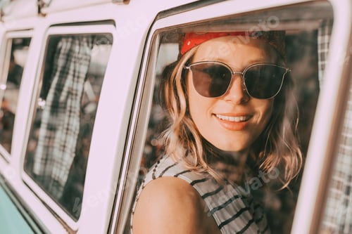 Preview: Smiling woman portrait, road trip travel photo in aesthetic style