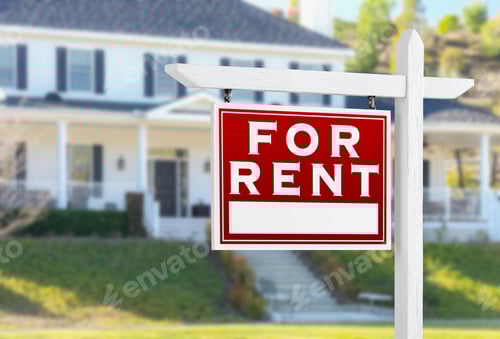 Preview: Left Facing For Rent Real Estate Sign In Front of House.