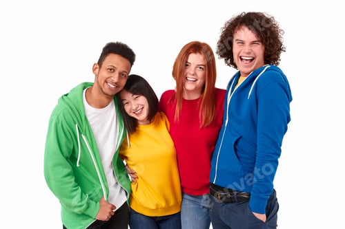 Preview: Multiracial friends hugging and laughing
