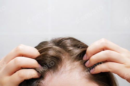 Preview: Woman touching her hair close-up on gray tiles background, hair loss concept.