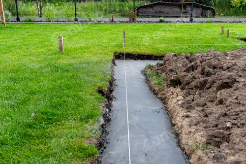 Preview: Foundation footings poured in a ditch in the yard, building a terrace in the backyard.