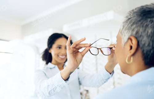 Preview: Woman, doctor and optometry for glasses with patient after eye exam in space for prescription, heal