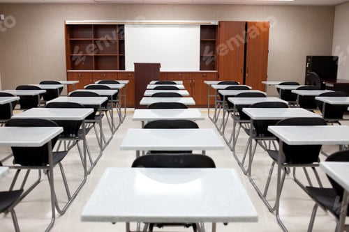 Preview: Empty Classroom with Desks Ready for Learning