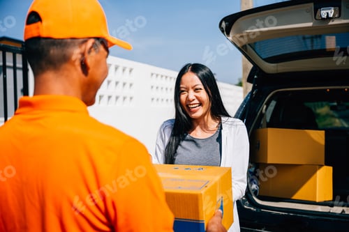 Preview: Efficient home delivery logistics depicted as a courier delivers a cardboard parcel to a smiling
