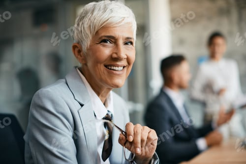 Preview: Happy senior businesswoman working at corporate office and looking at camera.