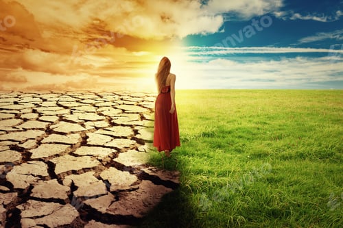 Preview: A Climate Change Concept Image. Landscape Of A Green Grass And Drought Land. Woman In Green Dress