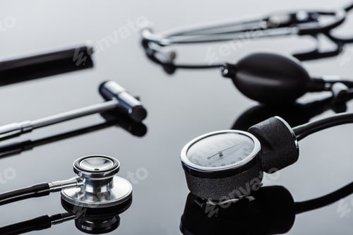 Preview: Medical equipment on glossy black surface reflecting light