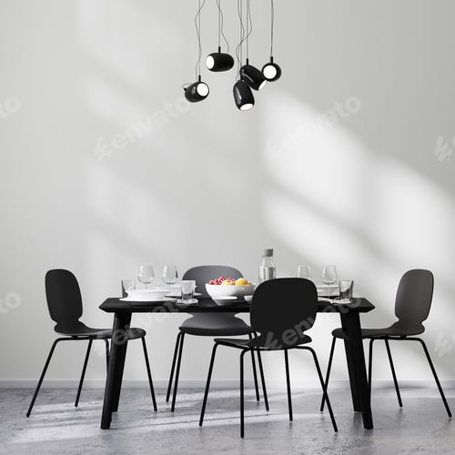Preview: Modern dining room interior with black table and chairs and white wall with sunbeams