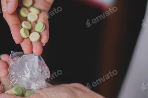 Preview: Female doctor hand holding tablets pills closeup