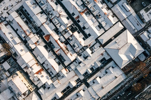 Preview: Aerial shot of buildings covered in snow in Wuhan, China.