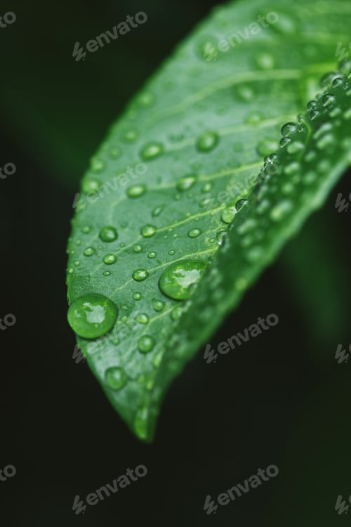 Preview: close up of green leaf with water drops after rain