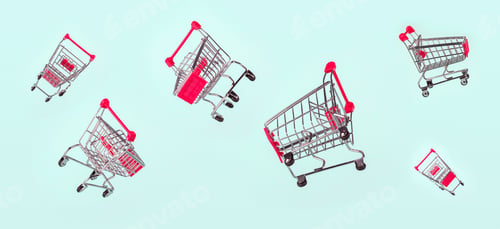 Preview: Set of flying metal grocery shopping basket, shopping car isolated on light blue background