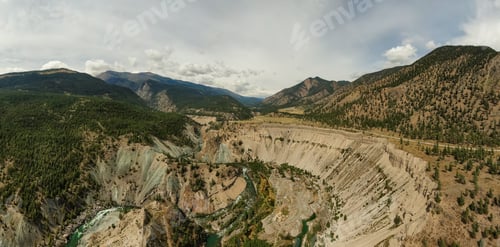 Preview: Aerial Panoramic View of a Scenic Dirt Road towards Gold Bridge in the Valley