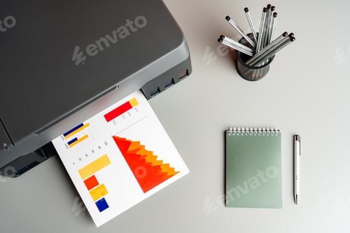 Preview: Printer with paper on gray background close up
