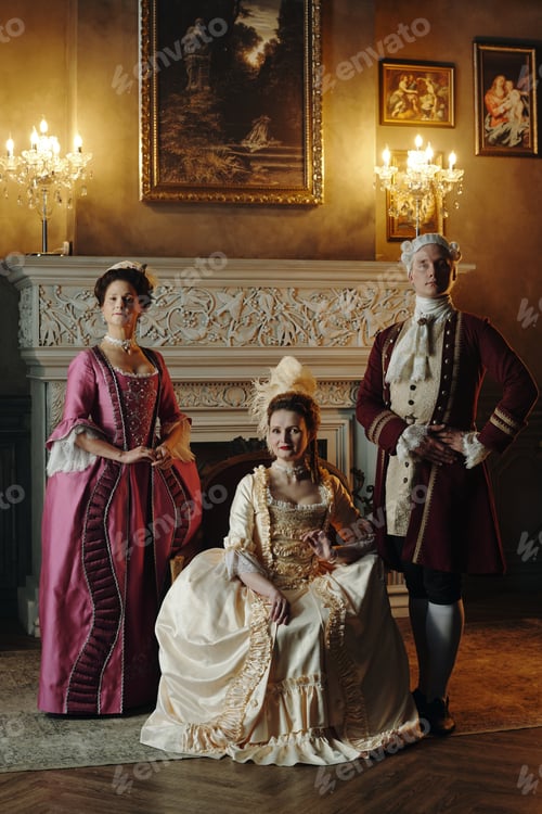 Preview: Caucasian Young Adults in Baroque Costumes Posing in Renaissance Interior