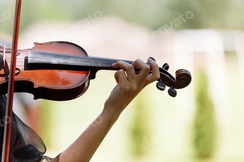 Preview: The hand of a violinist. musician performing at an outdoor wedding. Curl with violin neck