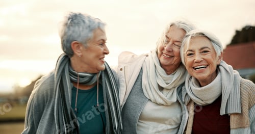 Preview: Comedy, laughing and senior woman friends outdoor in a park together for bonding during retirement.