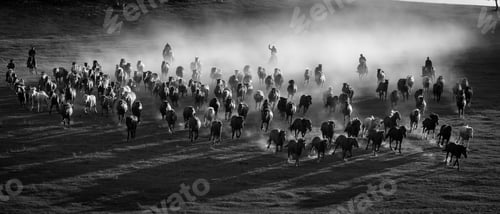 Preview: Aerial grayscale shot of a large herd of horses running across a meadow in the countryside.