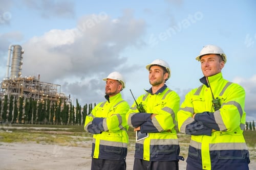 Preview: Refinery industry engineer are working and discussing at front oil and gas industrial factory,
