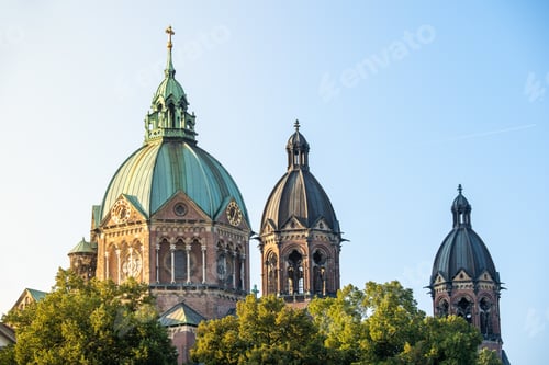 Preview: Upper part of St. Luke's Church in Munich, Germany under a clear sky