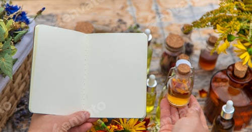 Preview: Medicinal herbs on the table. Place for notepad text. woman. Selective focus.