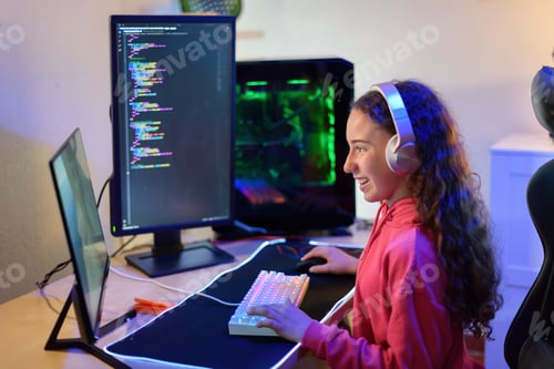 Preview: Happy teenage girl in headphones sitting at table and playing games in room