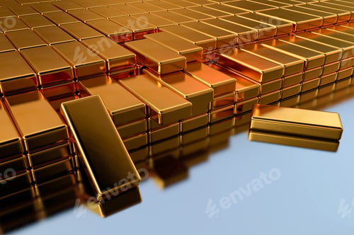 Preview: 3D illustration of a gold reserve, in the form of gold bars arranged in rows. Large-scale gold