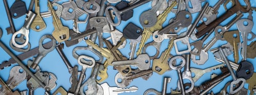 Preview: Keys set on blue background. Door lock keys and safes for property security and house protection