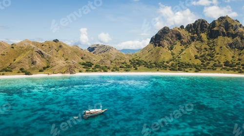 Preview: Luxury cruise boat sailing over coral reef with amazing tropical beach and mountain view. Aerial