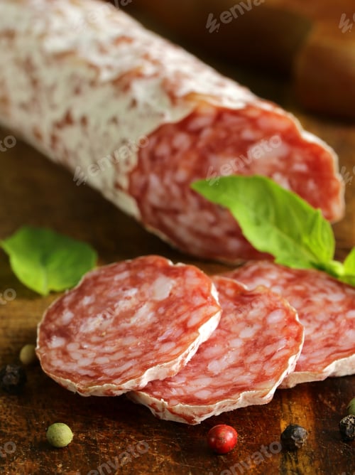 Preview: raw smoked sausage sliced on a wooden board