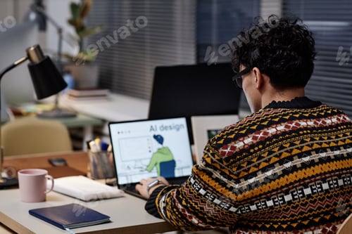 Preview: Young Adult Man Working on Laptop with Ai Design on Screen