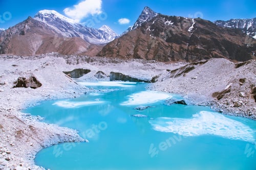 Preview: Beautiful snow-capped mountains with lake against the blue sky. Himalaya, Nepal