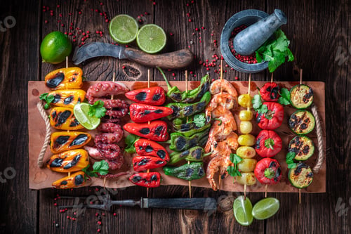 Preview: Hot roasted skewer as food for vegetarian barbecue.
