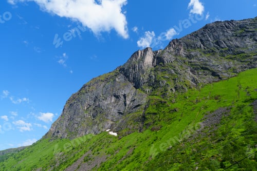 Preview: Beautiful classic Norwegian summer landscape in the month of July. mighty mountains meadows, sea