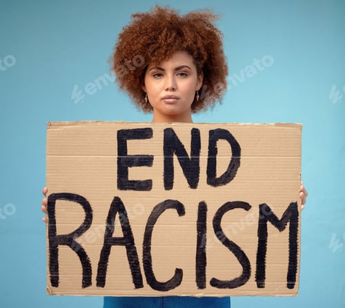 Preview: Poster, political and portrait of a woman in a studio for a protest for racism, equality and human