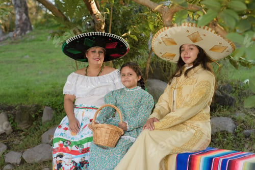 Preview: Mother with her daughters wearing typical mexican clothes sitting on sarapes.