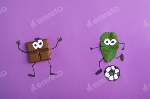 Preview: Creative flat lay composition with chocolate and mint on color background