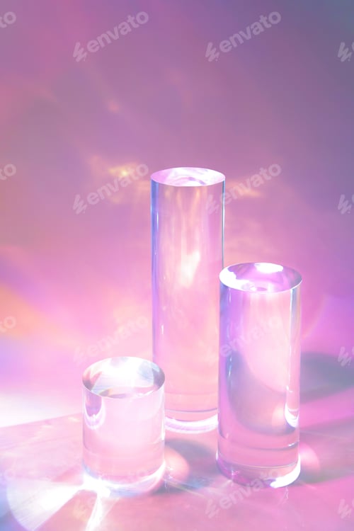 Preview: three clear glass cylinder podiums on pastel holographic colored background