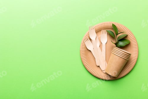 Preview: set of empty reusable disposable eco-friendly plates, cups, utensils