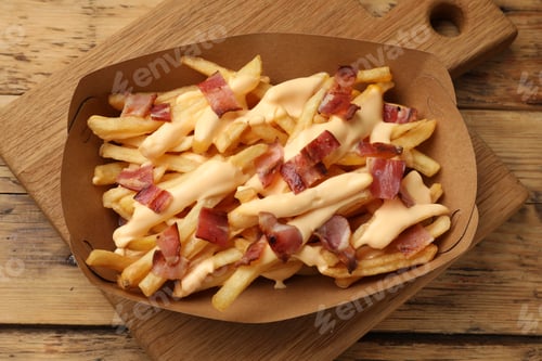 Preview: Tasty potato fries, cheese sauce and bacon in paper container on wooden table, top view