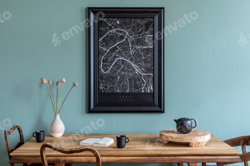 Preview: Creative composition of stylish scandi dining room interior with mock up map frame.