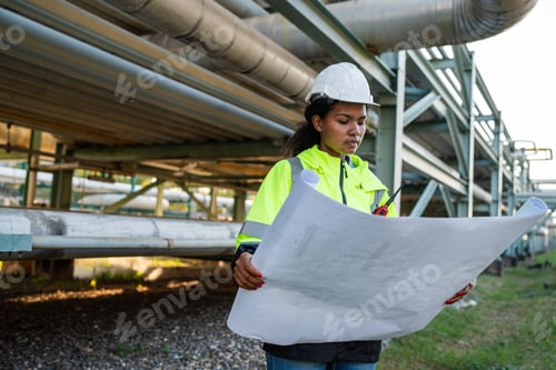 Preview: Young mechanical engineer holding blueprint drawing to checking and inspection.