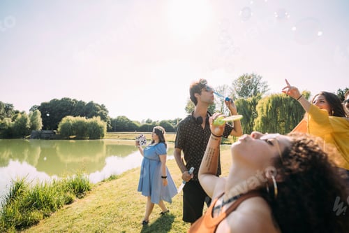 Preview: Group of friends blowing bubbles in park