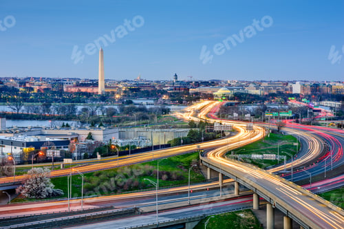 Preview: Washington, Dc Skyline Of Monuments And Highways.