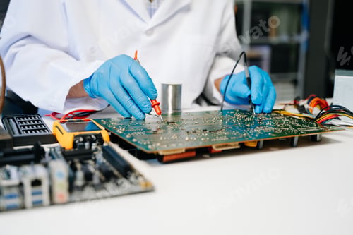 Preview: The technician repairing the motherboard in the lab with copy space. the concept