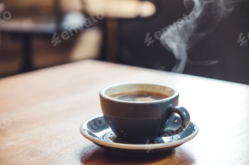 Preview: Closeup image of a blue cups of hot coffee with smoke on vintage wooden table in cafe
