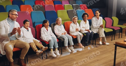 Preview: Children, teachers and science show with smile, diversity and watching to learn, school and exhibit